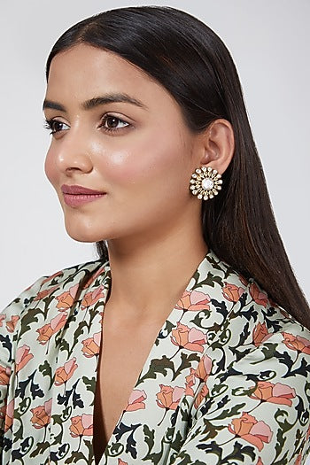 Gold Finish Kundan Polki & Mint Green Stone Stud Earrings