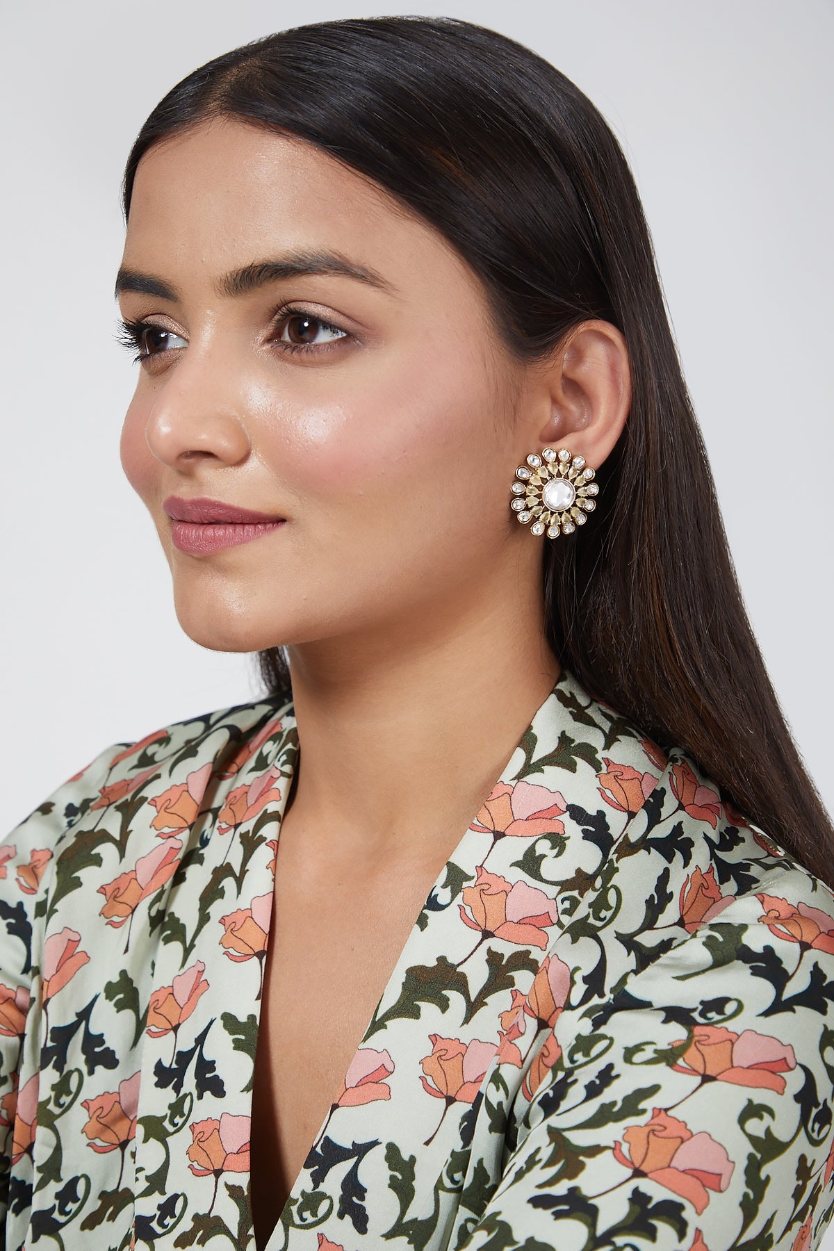 Gold Finish Kundan Polki & Mint Green Stone Stud Earrings