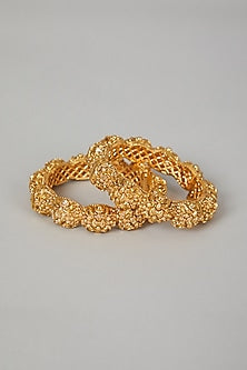 Gold Finish Carved Floral Bangles (Set of 2)