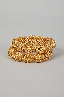 Gold Finish Carved Floral Bangles (Set of 2)