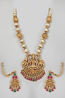 Gold Finish Motif & Pearl Temple Mala Set