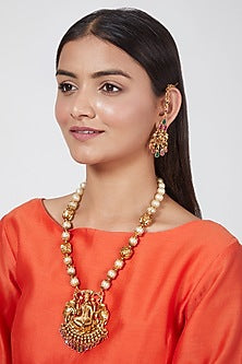 Gold Finish Motif & Pearl Temple Mala Set