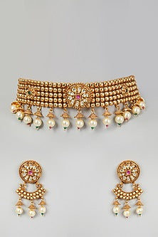 Gold Finish Kundan Polki & Pearl Choker Necklace Set
