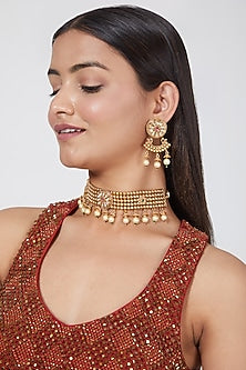 Gold Finish Kundan Polki & Pearl Choker Necklace Set