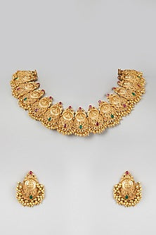 Gold Finish  Carved Temple Choker Necklace Set