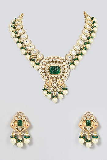 Gold Finish Kundan Polki & Dark Green Beaded Necklace Set