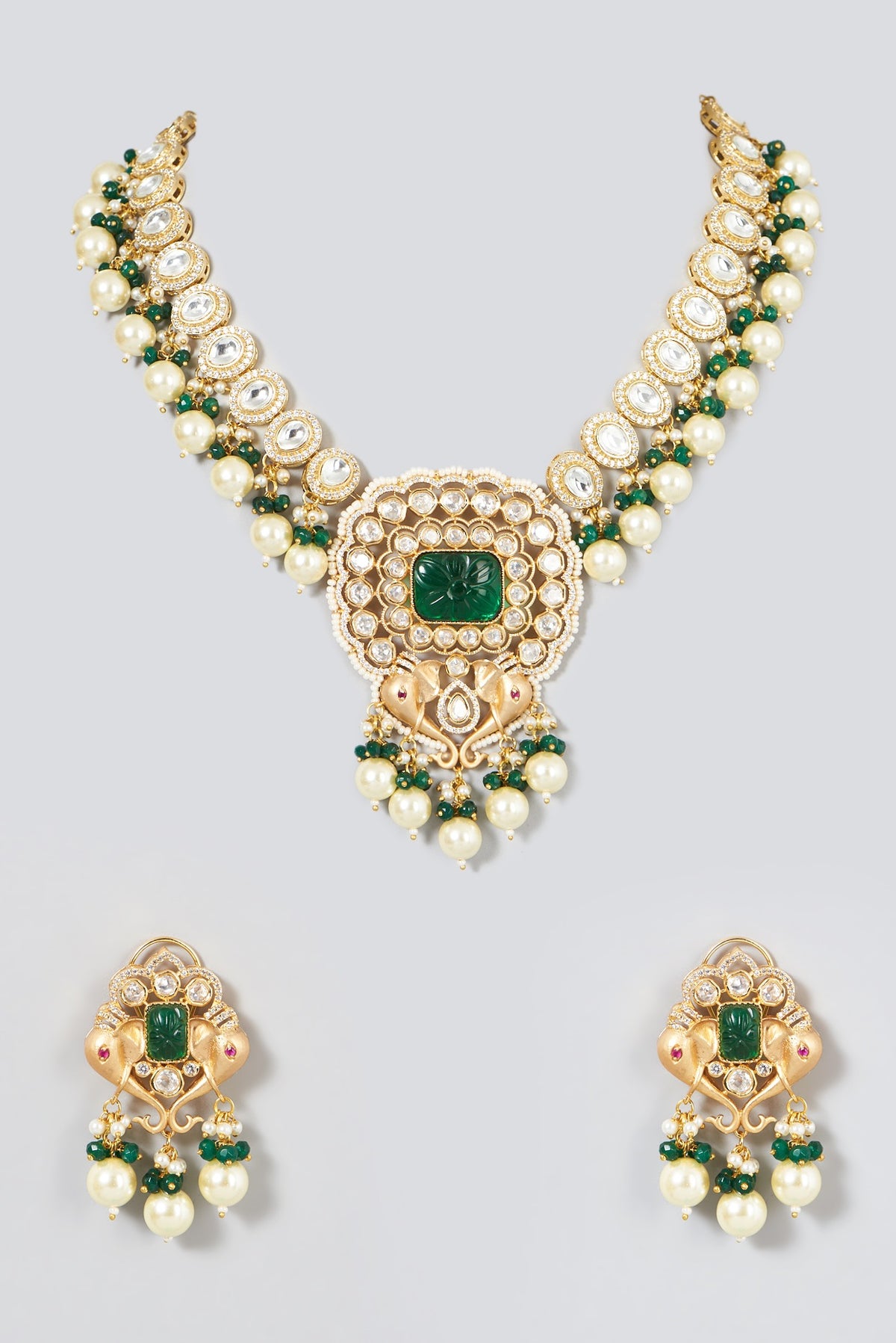 Gold Finish Kundan Polki & Dark Green Beaded Necklace Set