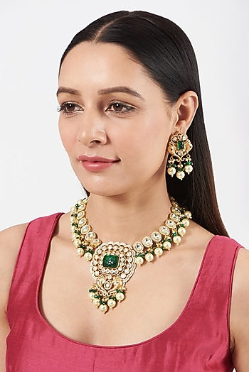 Gold Finish Kundan Polki & Dark Green Beaded Necklace Set