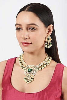 Gold Finish Kundan Polki & Dark Green Beaded Necklace Set