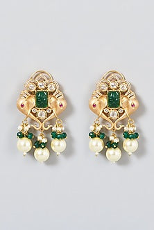 Gold Finish Kundan Polki & Dark Green Beaded Necklace Set