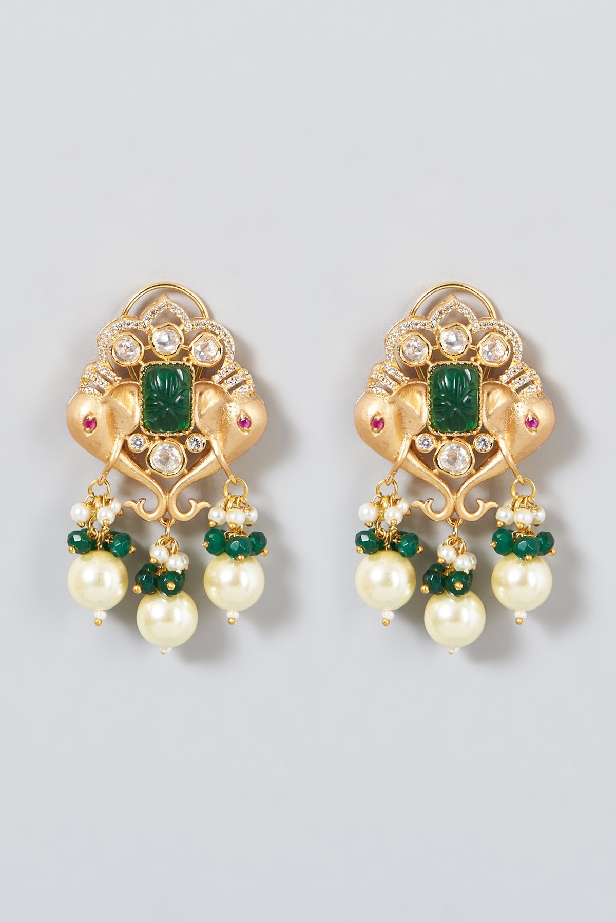 Gold Finish Kundan Polki & Dark Green Beaded Necklace Set