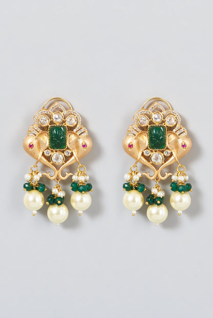 Gold Finish Kundan Polki & Dark Green Beaded Necklace Set