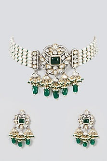 Two Tone Finish Kundan Polki & Pearl Choker Necklace Set