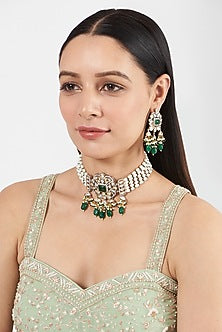 Two Tone Finish Kundan Polki & Pearl Choker Necklace Set