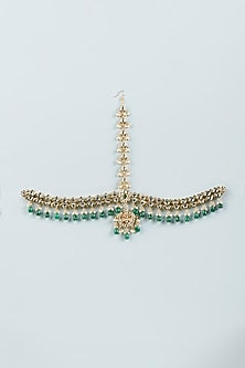 Gold Finish Kundan Polki & Green Beaded Mathapatti