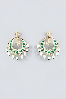 Gold Finish Kundan Polki & Emerald Synthetic Stone Chandbali Earrings
