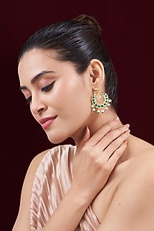 Gold Finish Kundan Polki & Emerald Synthetic Stone Chandbali Earrings
