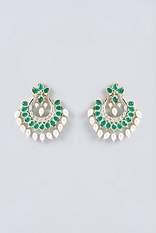 Gold Finish Kundan Polki & Emerald Synthetic Stone Chandbali Earrings