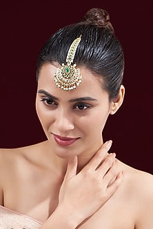 Gold Finish Kundan Polki & Pearl Maangtikka