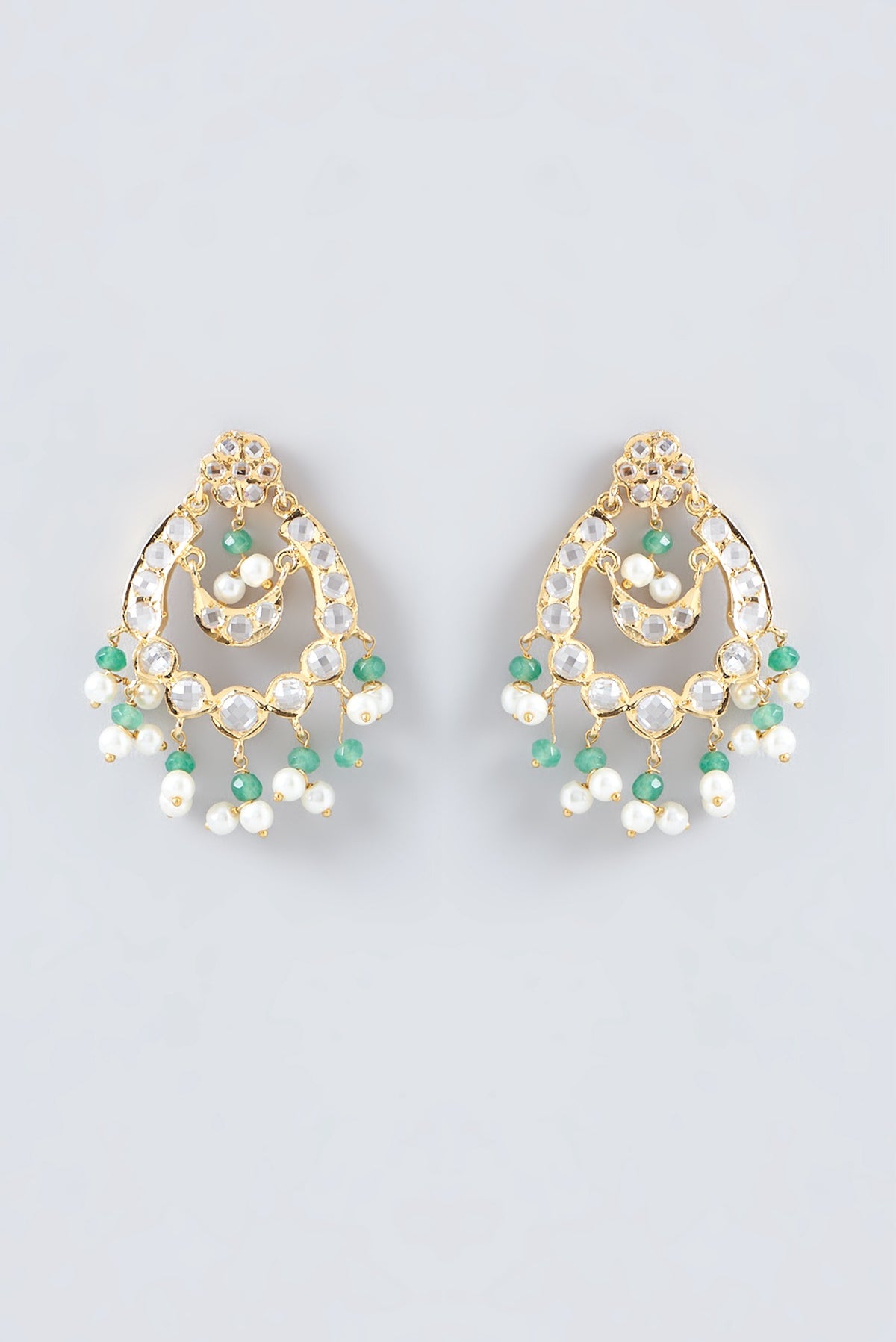 Gold Finish Kundan Polki & Pearl Chandbali Earrings