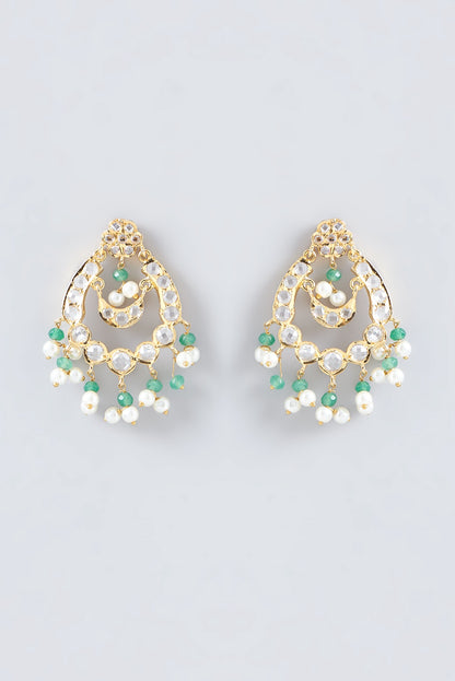 Gold Finish Kundan Polki & Pearl Chandbali Earrings