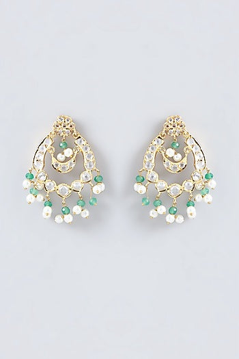 Gold Finish Kundan Polki & Pearl Chandbali Earrings
