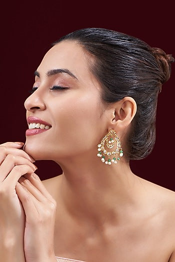 Gold Finish Kundan Polki & Pearl Chandbali Earrings