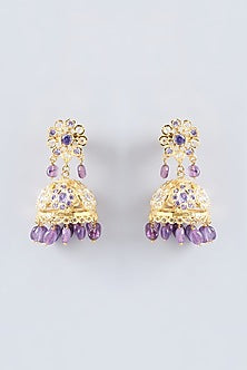 Gold Finish Kundan Polki & Purple Stone Jhumka Earrings