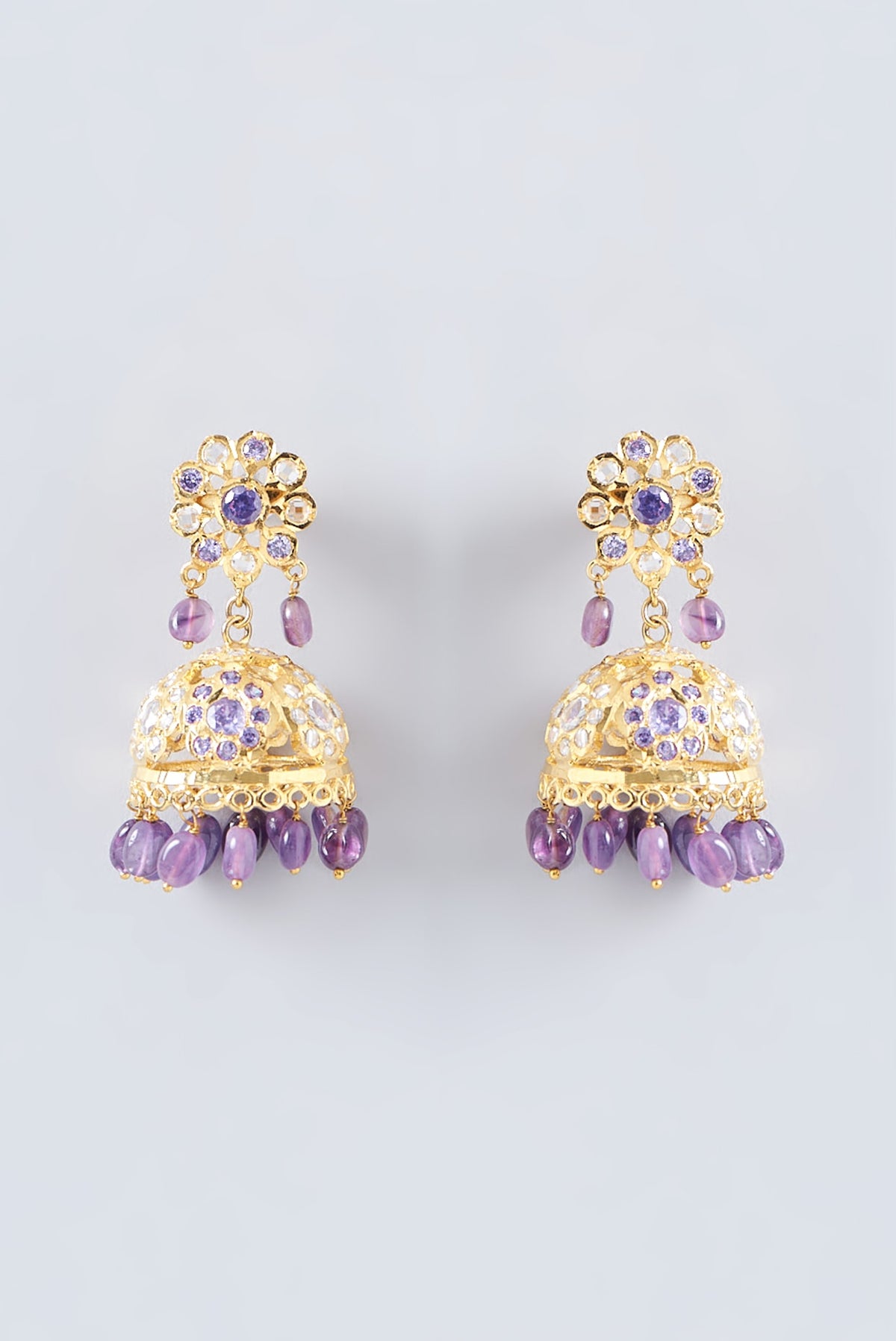 Gold Finish Kundan Polki & Purple Stone Jhumka Earrings