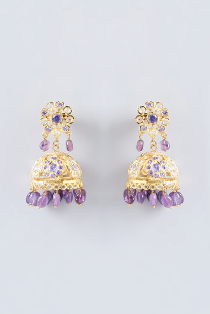 Gold Finish Kundan Polki & Purple Stone Jhumka Earrings