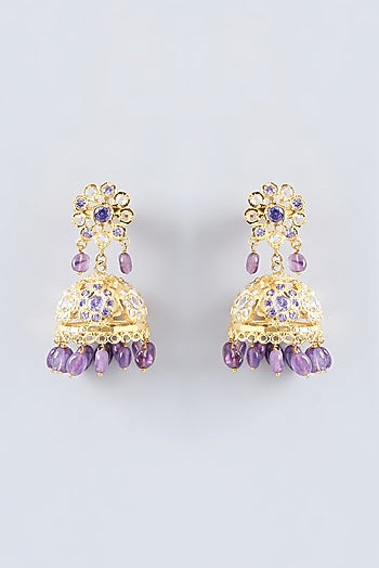 Gold Finish Kundan Polki & Purple Stone Jhumka Earrings