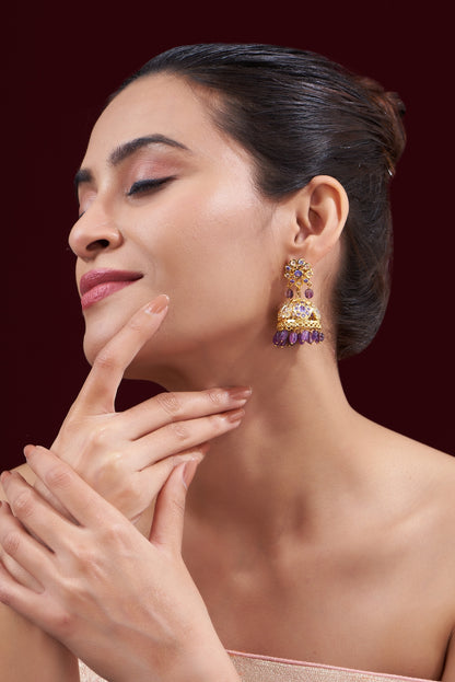 Gold Finish Kundan Polki & Purple Stone Jhumka Earrings