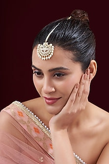 Gold Finish Kundan Polki & Pearl Maangtikka