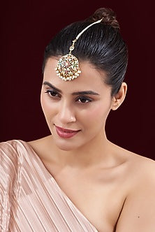 Gold Finish Kundan Polki & Pearl Maangtikka