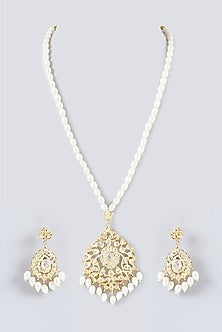 Gold Finish Kundan Polki & Pearl Long Necklace Set