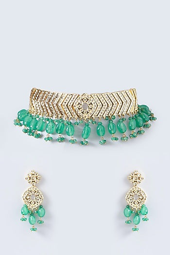 Gold Finish Kundan Polki & Green Beaded Choker Necklace Set