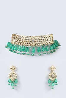 Gold Finish Kundan Polki & Green Beaded Choker Necklace Set