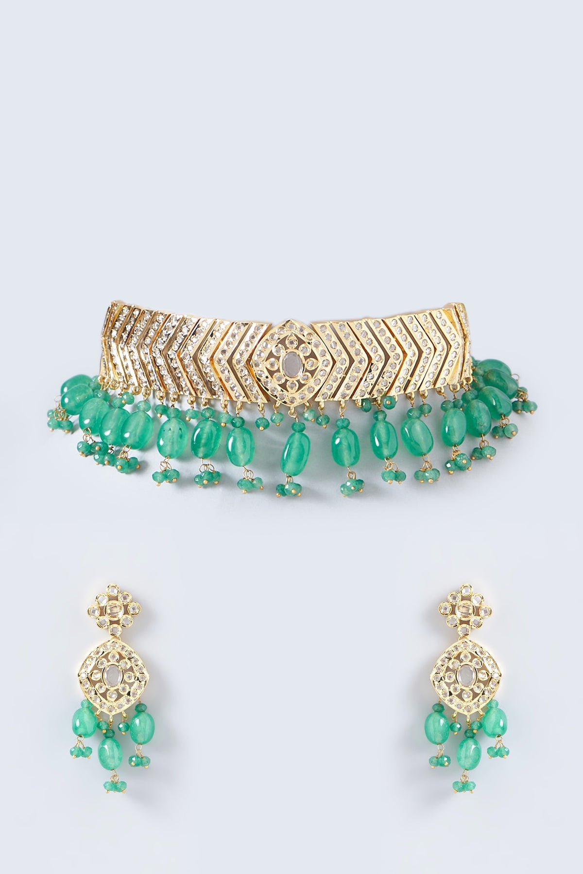 Gold Finish Kundan Polki & Green Beaded Choker Necklace Set