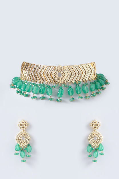 Gold Finish Kundan Polki & Green Beaded Choker Necklace Set