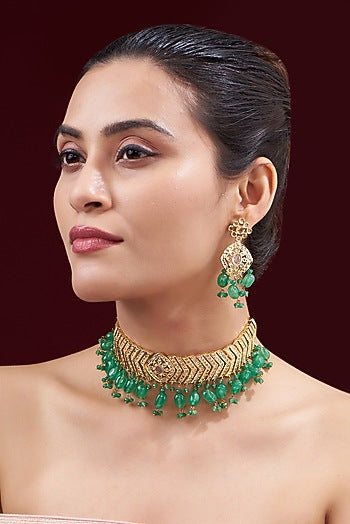 Gold Finish Kundan Polki & Green Beaded Choker Necklace Set