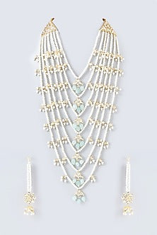 Gold Finish Kundan Polki & Pearl Long Necklace Set