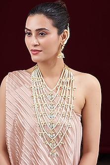 Gold Finish Kundan Polki & Pearl Long Necklace Set