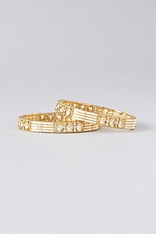 Gold Finish Kundan Polki & Pearl Bangles (Set of 2)