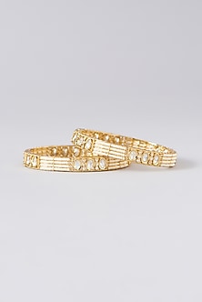 Gold Finish Kundan Polki & Pearl Bangles (Set of 2)