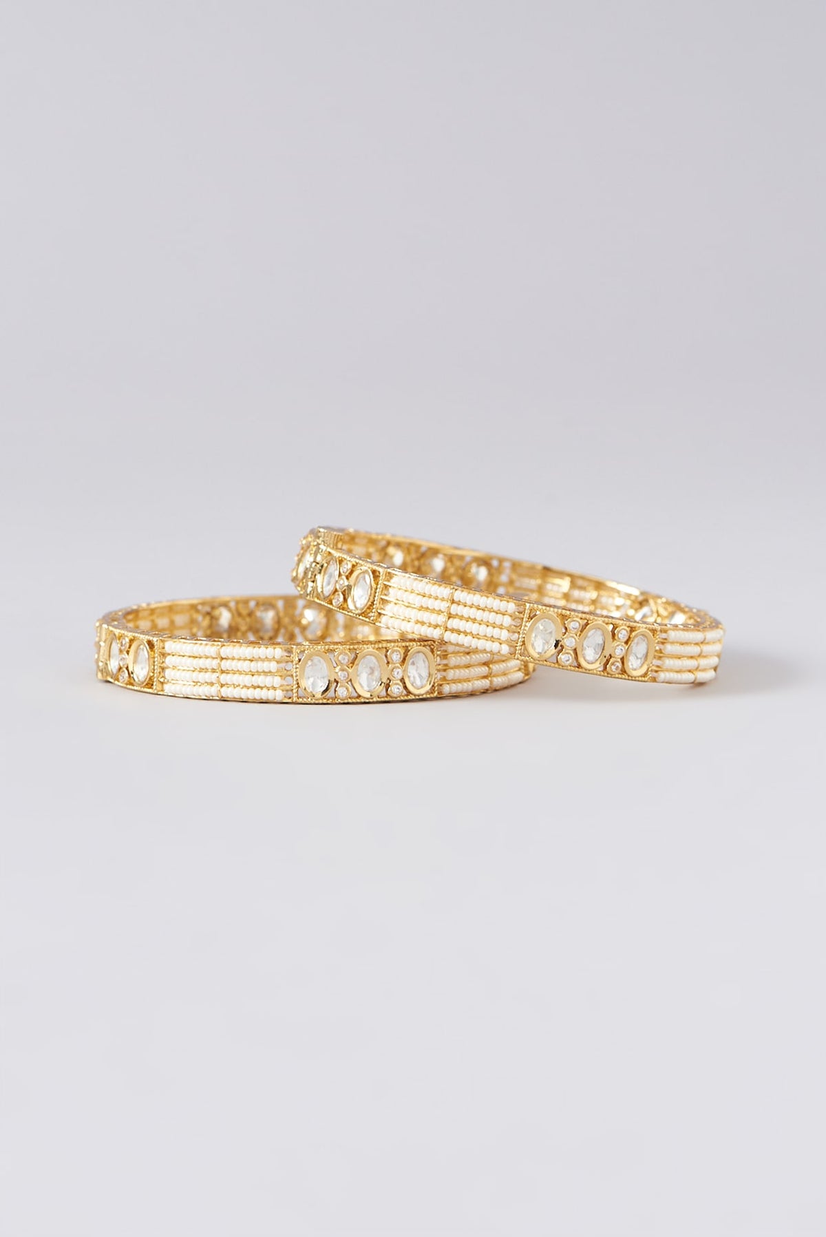 Gold Finish Kundan Polki & Pearl Bangles (Set of 2)