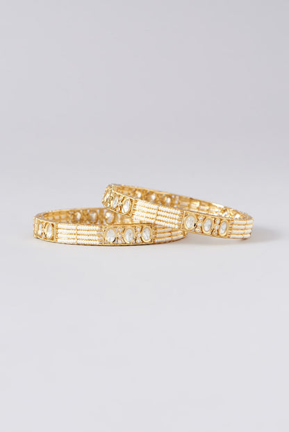 Gold Finish Kundan Polki & Pearl Bangles (Set of 2)