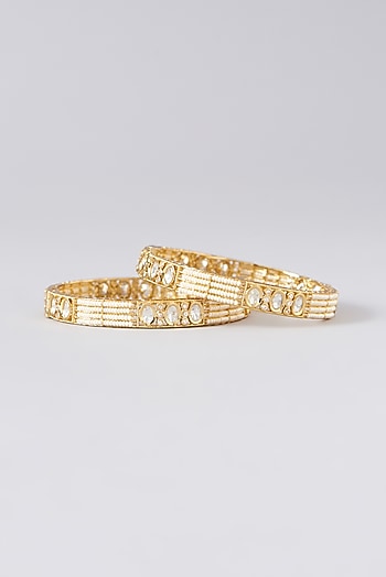 Gold Finish Kundan Polki & Pearl Bangles (Set of 2)
