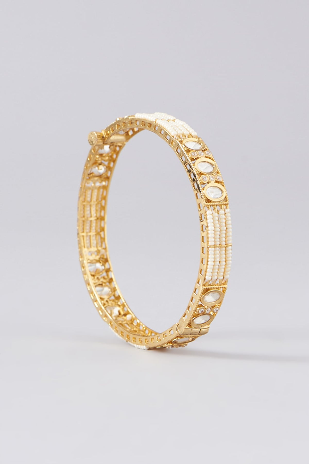 Gold Finish Kundan Polki & Pearl Bangles (Set of 2)
