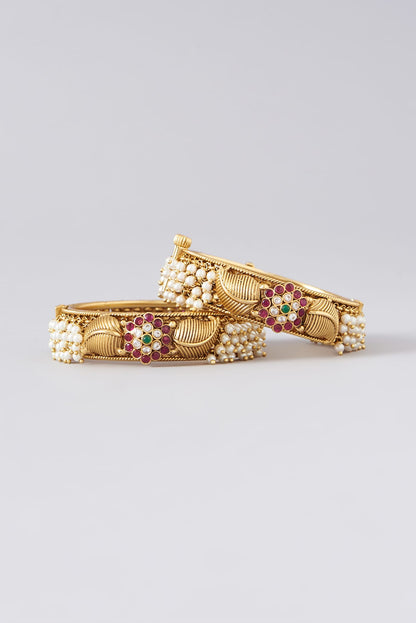 Gold Finish Kundan Polki & Multi-Colored Stone Bangles (Set of 2)