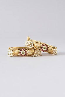 Gold Finish Kundan Polki & Multi-Colored Stone Bangles (Set of 2)